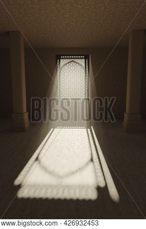 3d Rendering Of Ancient Room With Jali Window Shatters And Light Beams.