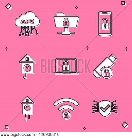 Set Cloud Api Interface, Ftp Folder And Lock, Smartphone With, Retro Wall Watch, Laptop And Usb Flas