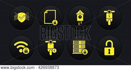Set Wifi Locked, Electric Scooter, , Server Security With, Retro Wall Watch And Document And Icon. V