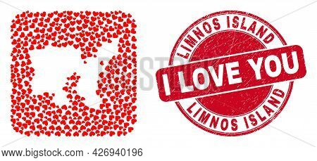 Vector Collage Limnos Island Map Of Lovely Heart Elements And Grunge Love Seal. Mosaic Geographic Li