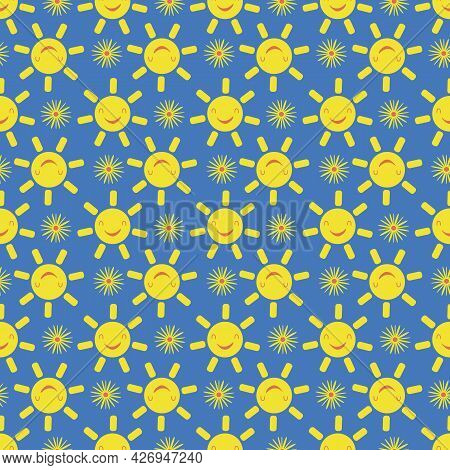 Cute Vector Smiling Laughing Kawaii Sun And Flowers Seamless Pattern Background. Cartoon Yellow Weat