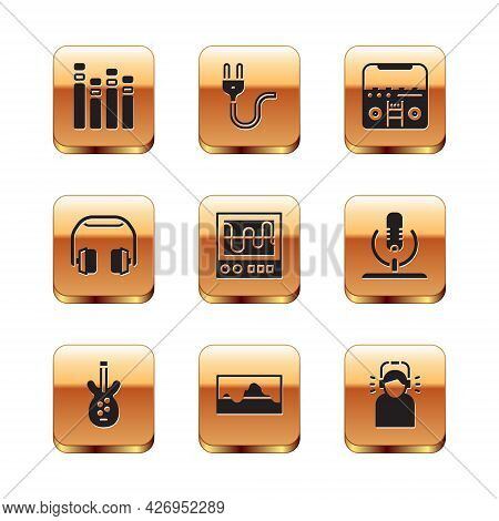 Set Music Equalizer, Electric Bass Guitar, Wave, Oscilloscope, Headphones, Home Stereo With Speakers