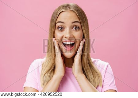 Woman Surprised To See Own Face Without Imperfactions Treating Acne Feeling Beautiful And Happy Touc