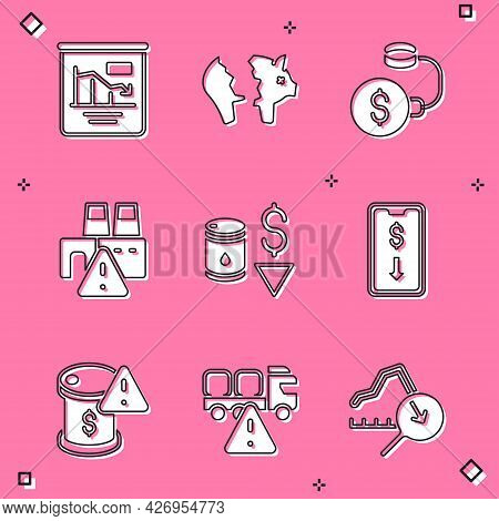 Set Pie Chart Infographic, Broken Piggy Bank, Debt Ball Chained To Coin, Shutdown Of Factory, Drop C