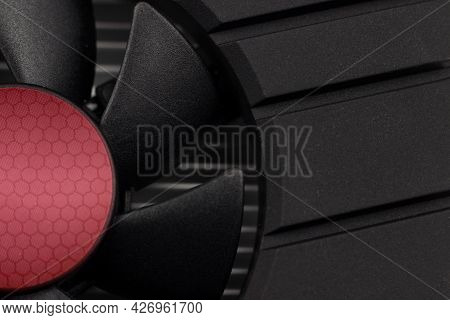 Part Of Modern Black Computer Video Card With Cooler. Cooling System Of Powerful Graphics Card. Elec
