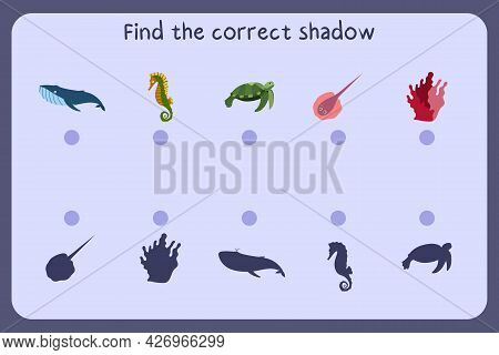 Matching Children Educational Game With Sea Animals - Whale, Seahorse, Turtle, Coral. Find The Corre