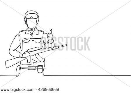 Continuous One Line Drawing Soldiers With Weapons, Full Uniforms, Thumbs-up Gestures Are Ready To De