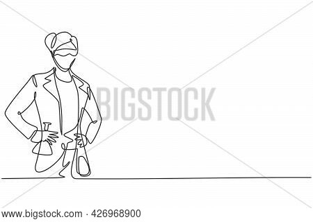 Single Continuous Line Drawing Of Young Female Scientist Holding Flask With Hands On Hip. Profession