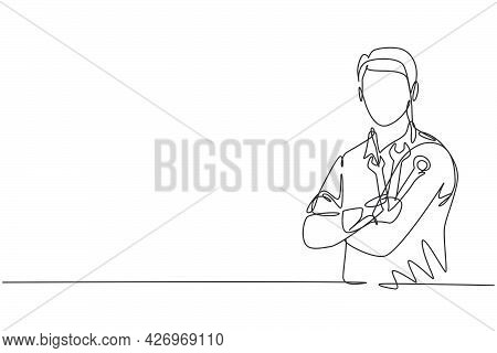 Single One Line Drawing Of Young Male Mechanic Posing Cross Arm On Chest. Professional Work Professi