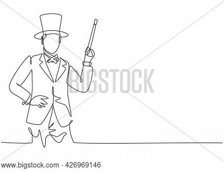 Single One Line Drawing Of Young Male Magician Expert Holding Magic Wand On Hand. Professional Work 