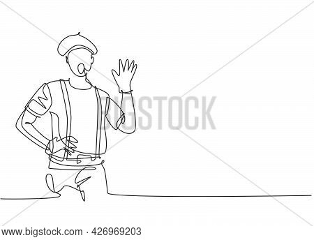 Continuous One Line Drawing Of Young Male Mime Artist Making Hand Gesture To Entertain The Audience.