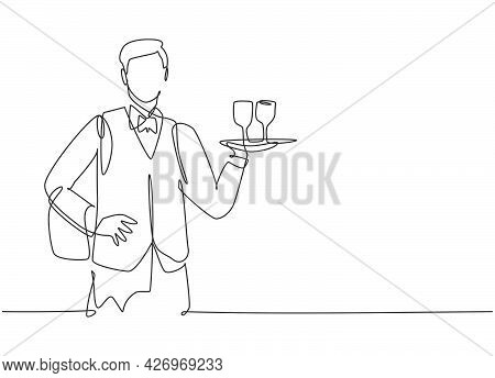 Single One Line Drawing Of Young Waiter Man Holding Metal Tray With Glass To Serve. Professional Wor