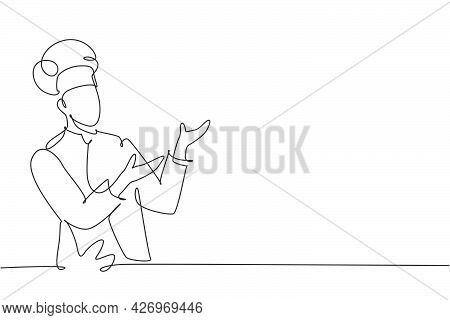 Single Continuous Line Drawing Of Young Friendly Man Chef In Uniform Pose Serving Menu At Screen Dis