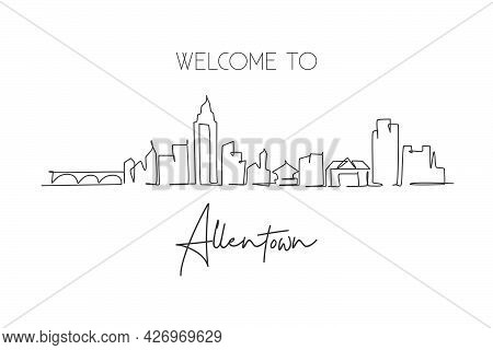 One Single Line Drawing Allentown City Skyline, Pennsylvania. World Historical Town Landscape Postca