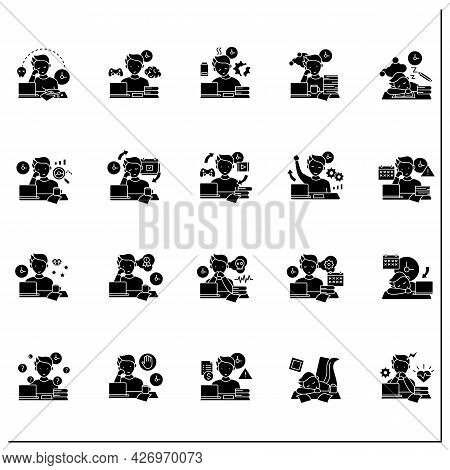 Procrastination Glyph Icons Set. Postpone Unpleasant Tasks For Later.delay. Lazy Person. Overwhelmed