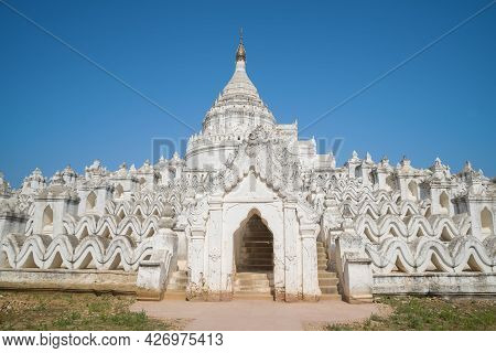 White Mya Thein Tan Pagoda Close-up On A Sunny Day. Mingun, Myanmar