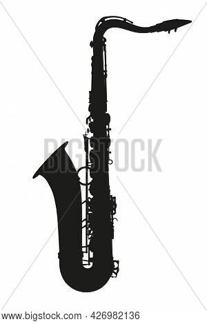 Detailed Saxophone Silhouette Isolated On White Background. Side View. Vector Illustration