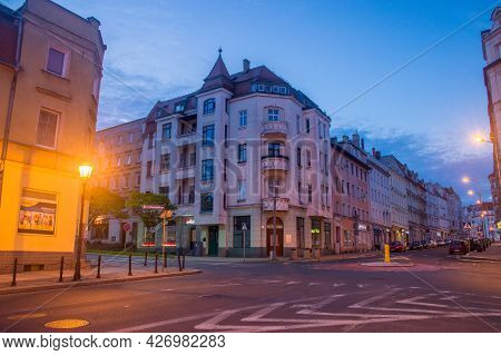 Zgorzelec, Poland - June 2, 2021: Street Between Old Tenement Houses At Night.