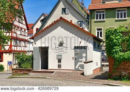 Mosbach, Germany - June 2021: Public Restroom With Disabled Toilets