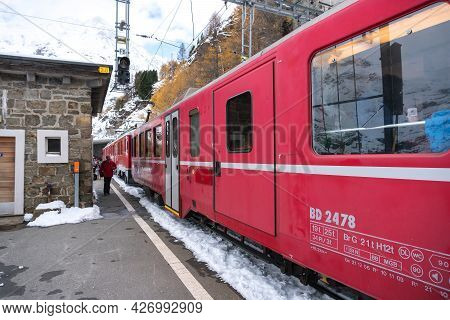 Alp Grum, Switzerland-november 2, 2018:trainstation Of Alp Grum Along The Way Of The Red Train Of Th