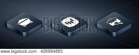Set Isometric Coal Mine Trolley, Work Search And Browser With Stocks Market Icon. Vector