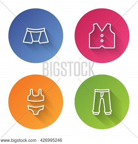 Set Line Men Underpants, Waistcoat, Swimsuit And Pants. Color Circle Button. Vector