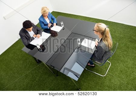 High angle view of environmentalists sitting at desk in office during a job interview.