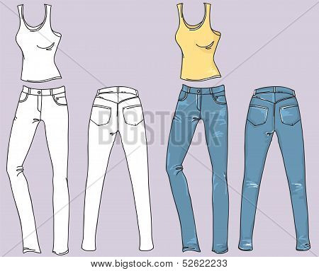 Woman Jeans And Top.vector Fashion Clothes