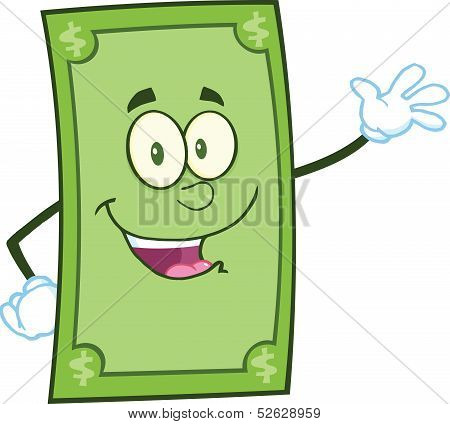 Smiling Dollar Cartoon Character Waving For Greeting