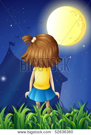 Illustration of a little girl facing the bright fullmoon