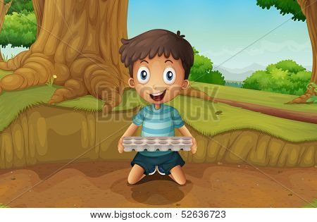 Illustration of a boy holding an eggtray in the forest
