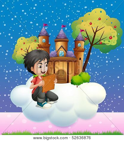 Illustration of a boy reading a book in front of the floating castle