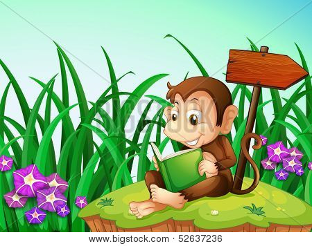 Illustration of a monkey reading a book beside the arrowboard