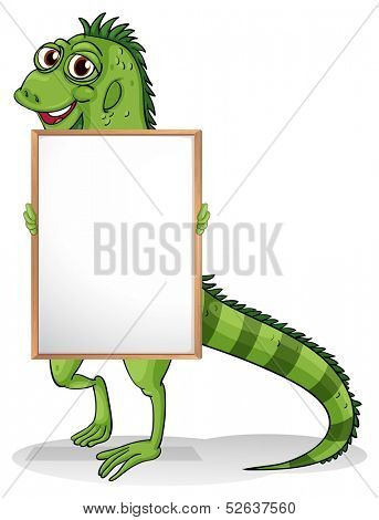 Illustration of an iguana holding a framed board on a white background