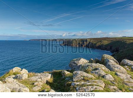 Cornwall coast at Land`s End England UK view towards Cape Cornwall and Sennen Cove