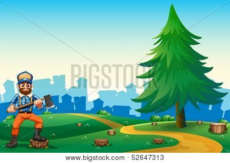 Illustration of a hilltop with a hardworking woodman holding an axe