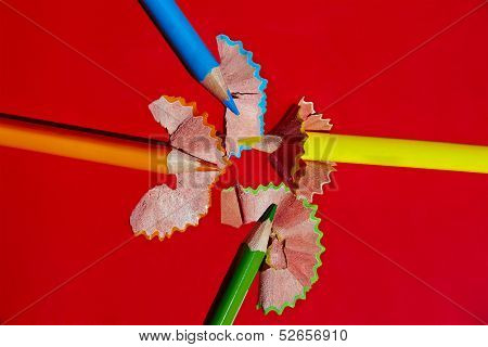Sharpened Colored Pencils And Wood Shavings