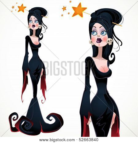 Beautiful witch with her hair pinned magic wand
