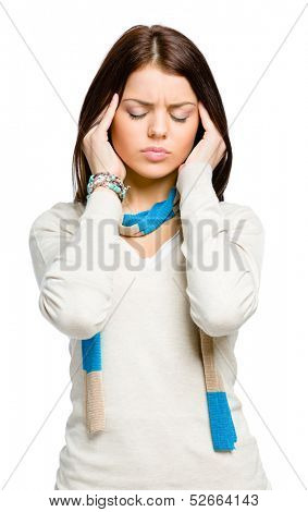 Teenager puts hands on head because of headache or unsolvable problems, isolated on white