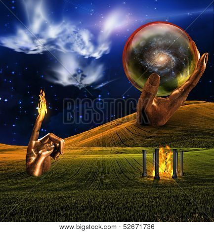 Landscape with fire temple and faces in clouds Some elements image credit NASA