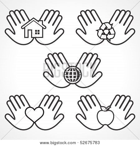 Set of environment icons with human hands stock vector