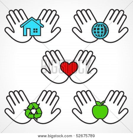 Set of environment icons with human hands stock vector