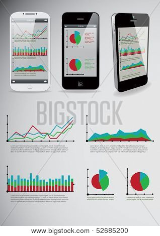 Set of infographic elements and smart-phones. with business applications on screens. Vector illustration.