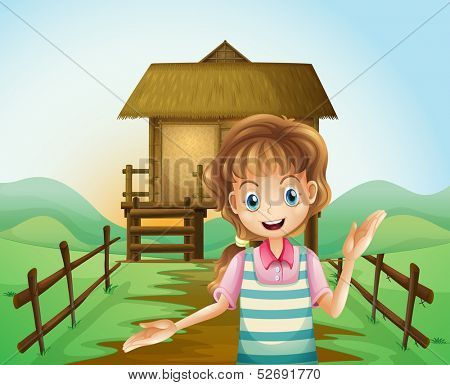 Illustration of a girl in front of the nipa hut