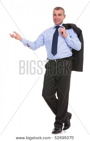 full length portrait of a business man holding his jacket over his shoulder and smiling for the camera, with his other hand raised. on a white background