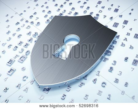 Privacy concept: Silver Shield With Keyhole on digital backgroun