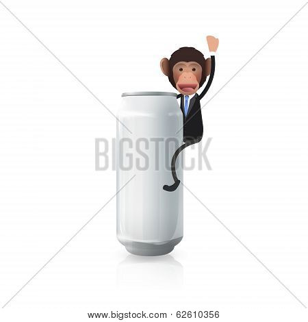 Business Monkey With Can Over White. Vector Design