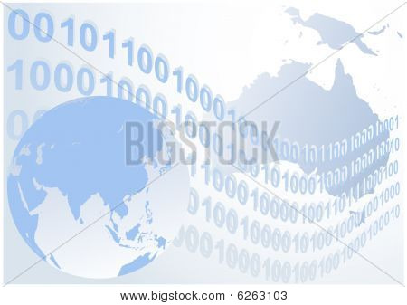 Abstract binary code waves with globe vector background