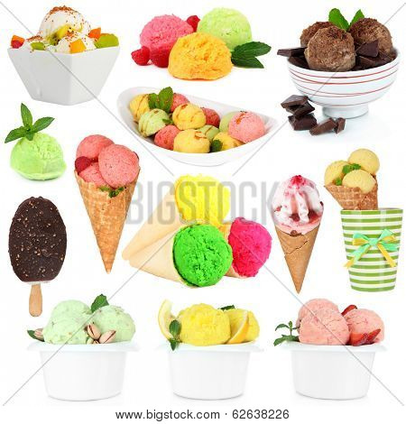 Collage of different sorts ice-cream isolated on white