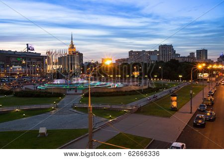 MOSCOW, RUSSIA - JUNE 14, 2012: View of Kievskiy railway station at night. Station was opened 1918 in the Byzantine Revival style pronounced in the 51 m high clocktower.